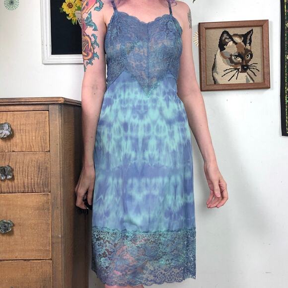 Vintage Hand Dyed Slip Dress, 1960s Vanity Fair Green & Blue Galaxy Mist Sz XS - Picture 5 of 10